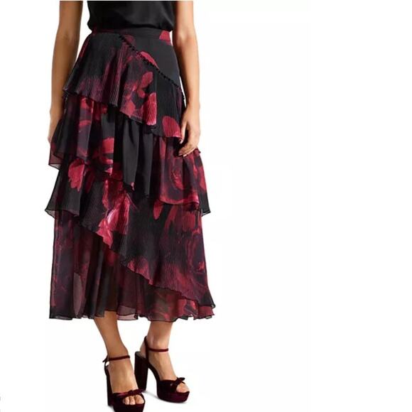 NWT Ted Baker Asymmetric Tiered Midi Ruffle Red Floral Skirt Black Chiffon Sz S - Picture 1 of 16
